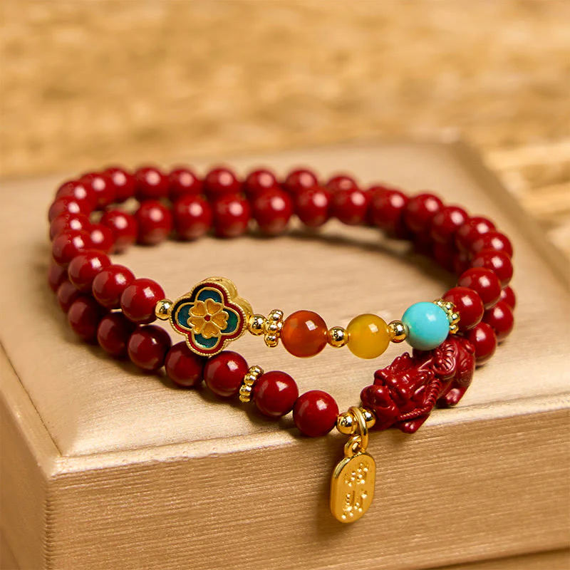 Bransoletka z podwójnym owinięciem z Buddha Stones Cinnabar PiXiu Fu Character Blessing
