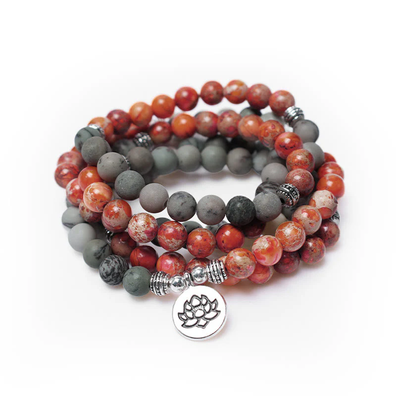 Buddha Stones 108 Koraliki Mala Naturalny Kamień Morski Osad Jaspis Bransoletka Ochronna Lotosu