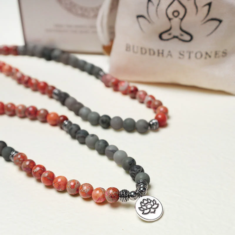 Buddha Stones 108 Koraliki Mala Naturalny Kamień Morski Osad Jaspis Bransoletka Ochronna Lotosu - Image 6