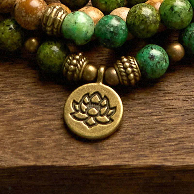 Buddha Stones 108 Koraliki Mala Naturalny Kamień Obraz Jaspis Turkusowy Lotos Pozytywna Bransoletka - Image 8