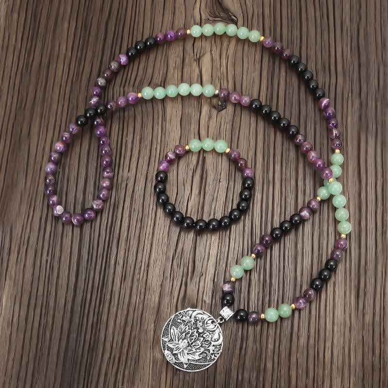Buddha Stones 108 Mala Beads Ametyst Zielony Awenturyn Lotus Medytacyjna Bransoletka - Image 12