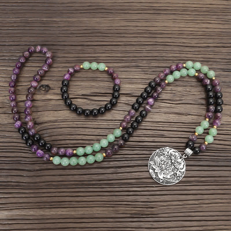 Buddha Stones 108 Mala Beads Ametyst Zielony Awenturyn Lotus Medytacyjna Bransoletka - Image 13
