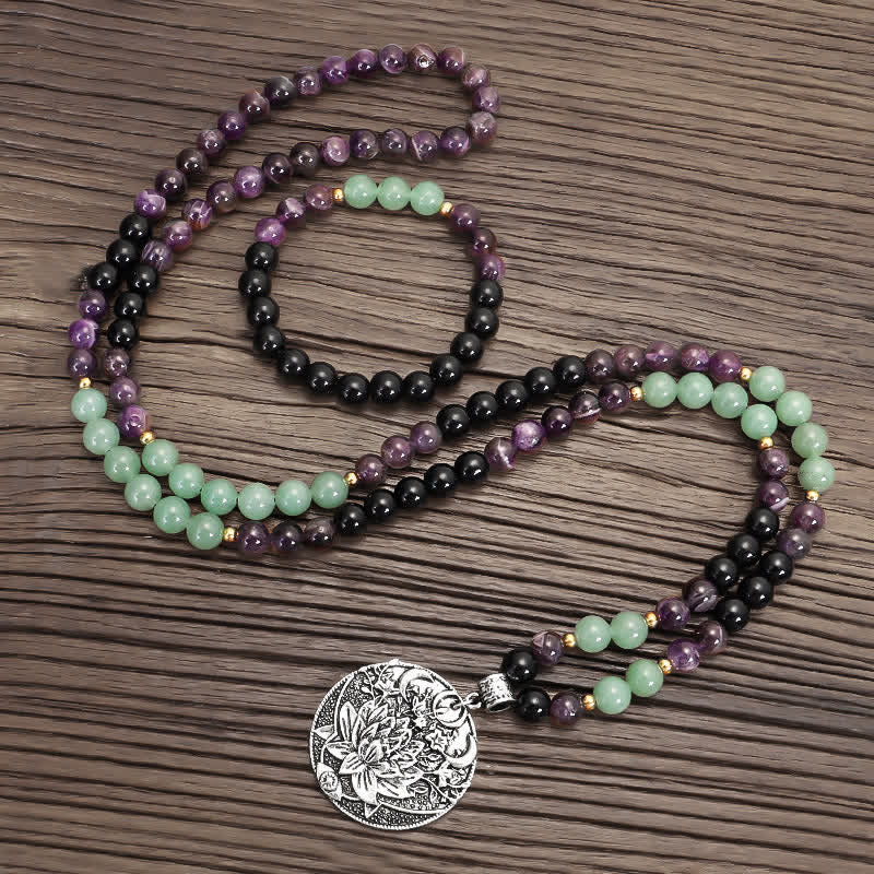 Buddha Stones 108 Mala Beads Ametyst Zielony Awenturyn Lotus Medytacyjna Bransoletka - Image 14