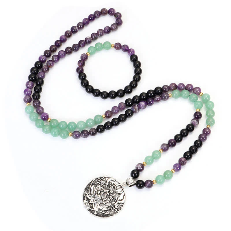 Buddha Stones 108 Mala Beads Ametyst Zielony Awenturyn Lotus Medytacyjna Bransoletka - Image 15