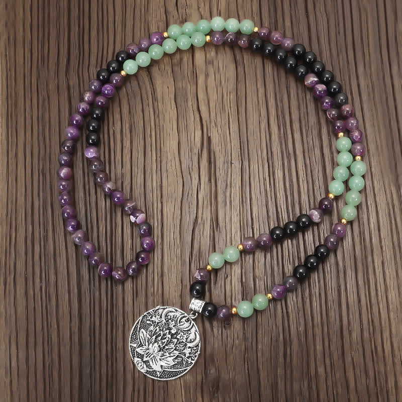 Buddha Stones 108 Mala Beads Ametyst Zielony Awenturyn Lotus Medytacyjna Bransoletka - Image 2