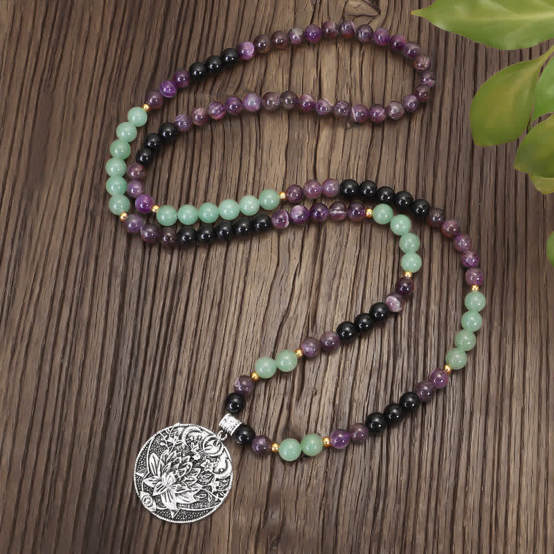 Buddha Stones 108 Mala Beads Ametyst Zielony Awenturyn Lotus Medytacyjna Bransoletka - Image 3