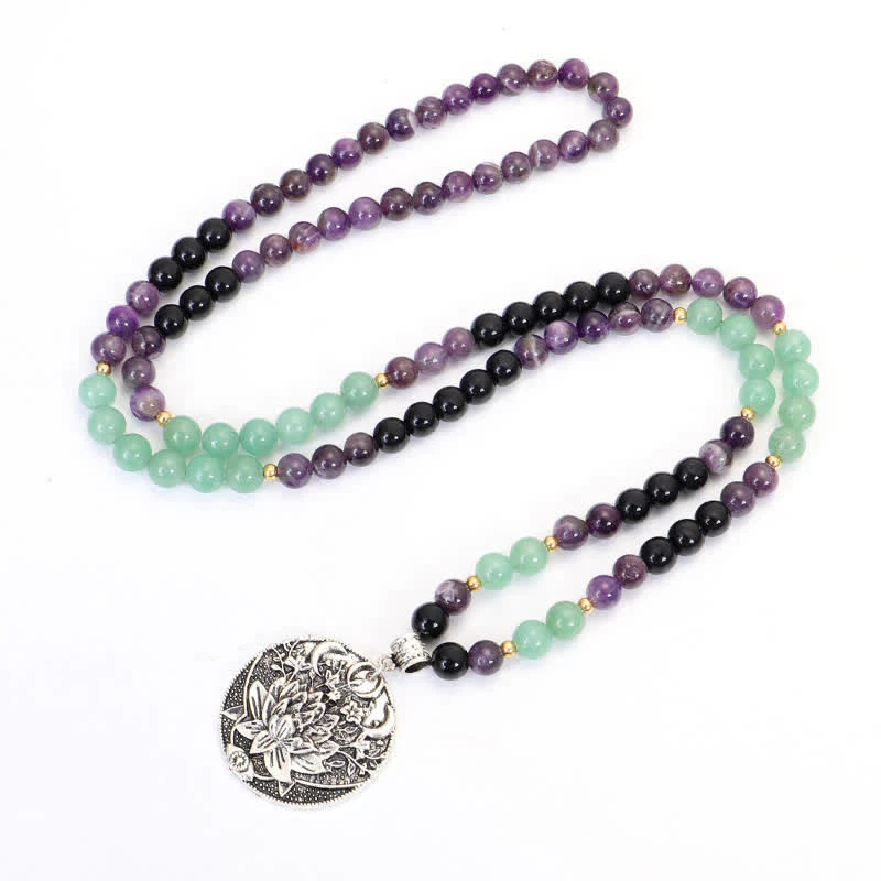 Buddha Stones 108 Mala Beads Ametyst Zielony Awenturyn Lotus Medytacyjna Bransoletka - Image 5
