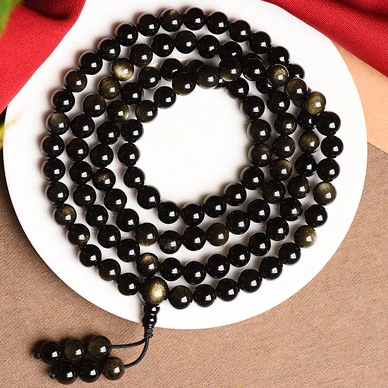 Buddha Stones 108 Mala Beads Naturalny Złoty Połysk Obsydian Bransoletka Bogactwa - Image 8