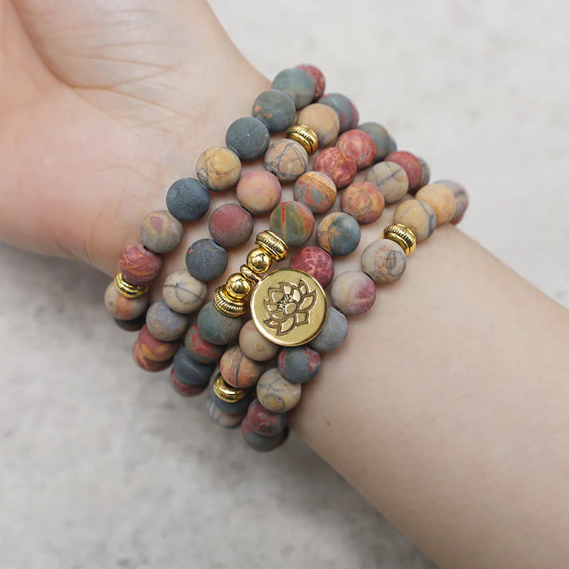 Buddha Stones 108 Mala Beads Picasso Jasper Stone Bransoletka Energetyczna Odwaga - Image 5