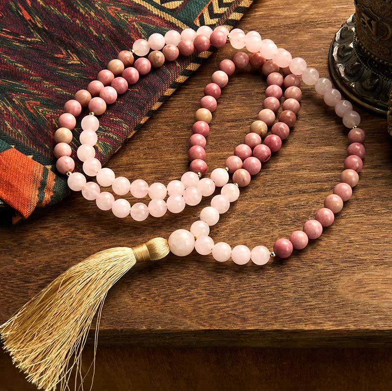 Buddha Stones 108 Mala Beads Rhodonite Rose Quartz Tassel Healing Bracelet - Image 2