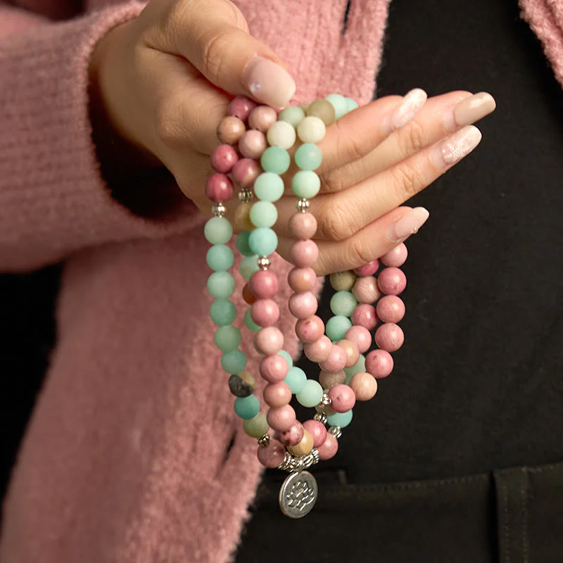 Buddha Stones 108 Mala Beads Rodonit Amazonit Bransoletka lecznicza Lotus - Image 3