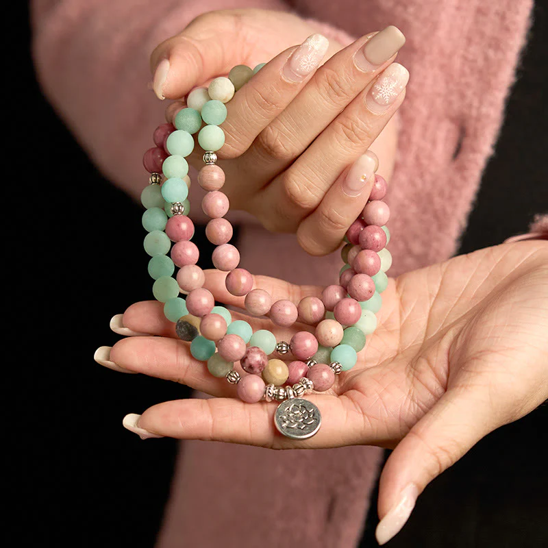 Buddha Stones 108 Mala Beads Rodonit Amazonit Bransoletka lecznicza Lotus - Image 4