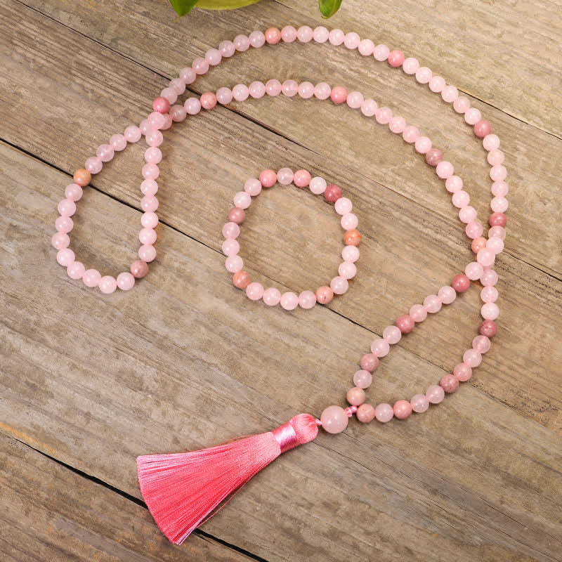 Buddha Stones 108 Mala Beads Różowa Kryształowa Bransoletka z Chwostem Miłości - Image 2