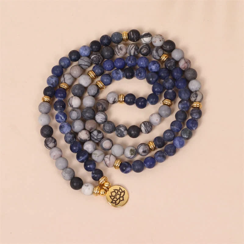 Buddha Stones 108 Mala Beads Sodalit Zebra Jasper Kryształ Lotus Strength Bransoletka - Image 3