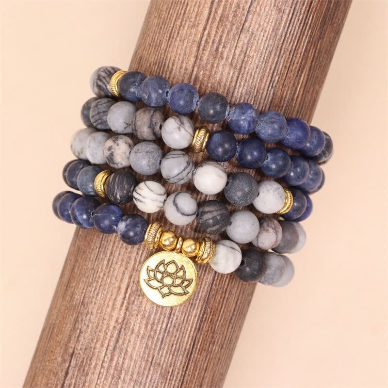 Buddha Stones 108 Mala Beads Sodalit Zebra Jasper Kryształ Lotus Strength Bransoletka - Image 5