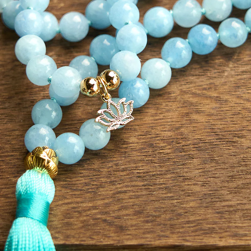 Buddha Stones 108 Mala Koraliki Naturalny Kamień Akwamaryn Tassel Lotus Healing Bransoletka - Image 10