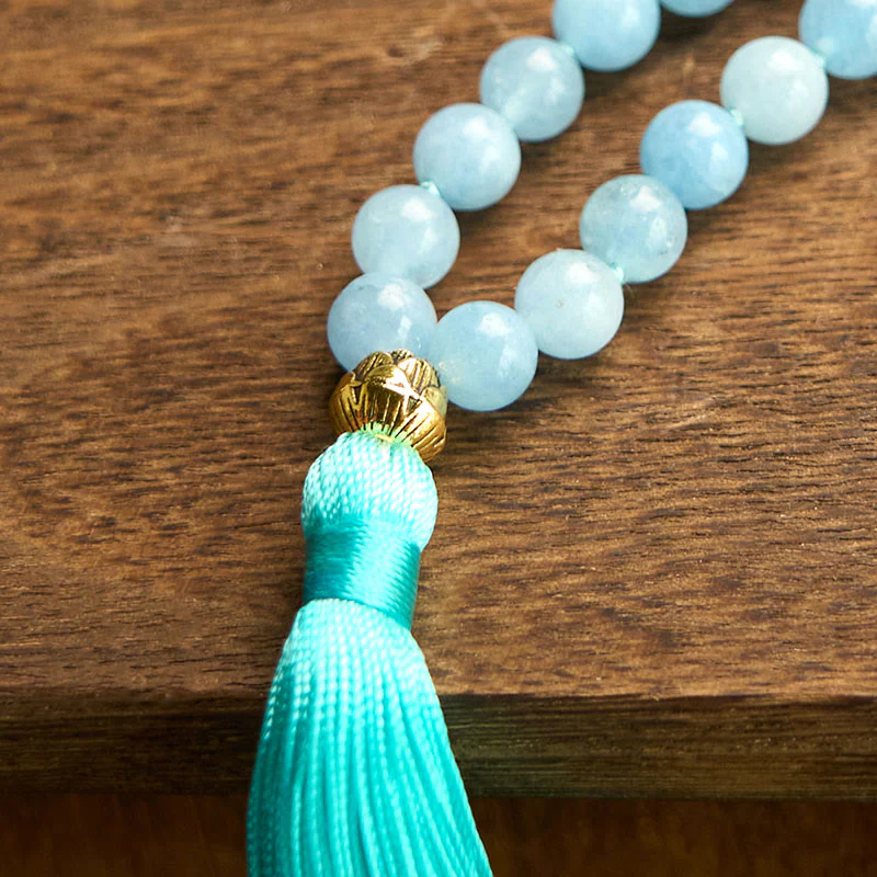 Buddha Stones 108 Mala Koraliki Naturalny Kamień Akwamaryn Tassel Lotus Healing Bransoletka - Image 11