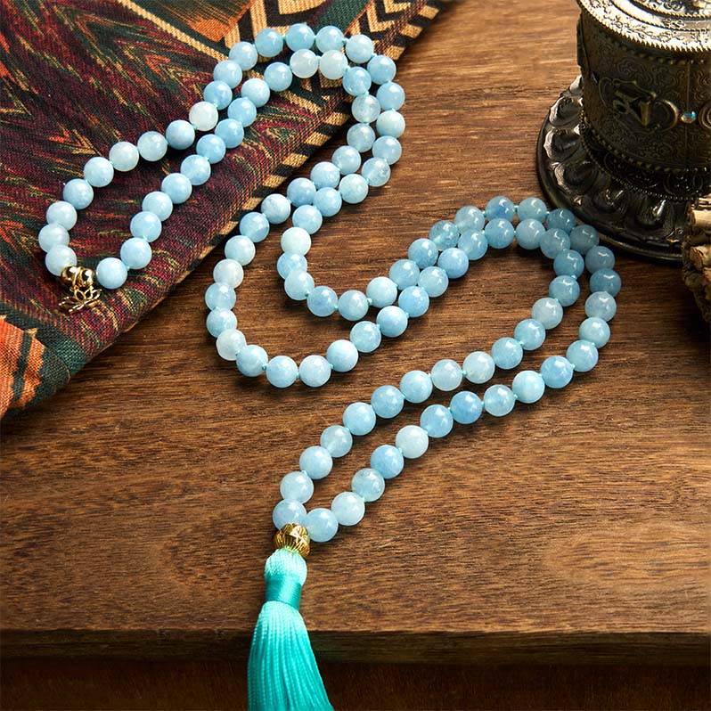 Buddha Stones 108 Mala Koraliki Naturalny Kamień Akwamaryn Tassel Lotus Healing Bransoletka - Image 2
