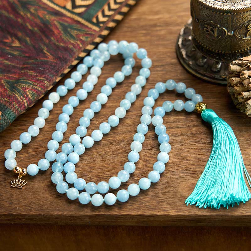 Buddha Stones 108 Mala Koraliki Naturalny Kamień Akwamaryn Tassel Lotus Healing Bransoletka - Image 3