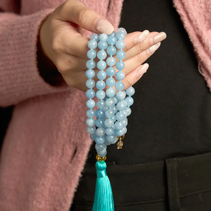 Buddha Stones 108 Mala Koraliki Naturalny Kamień Akwamaryn Tassel Lotus Healing Bransoletka - Image 4