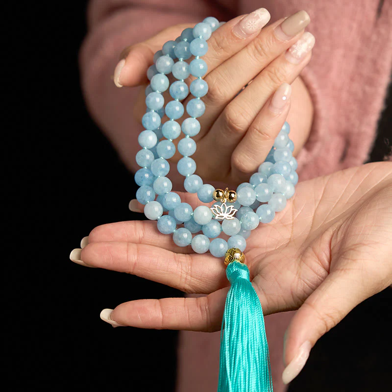 Buddha Stones 108 Mala Koraliki Naturalny Kamień Akwamaryn Tassel Lotus Healing Bransoletka - Image 5