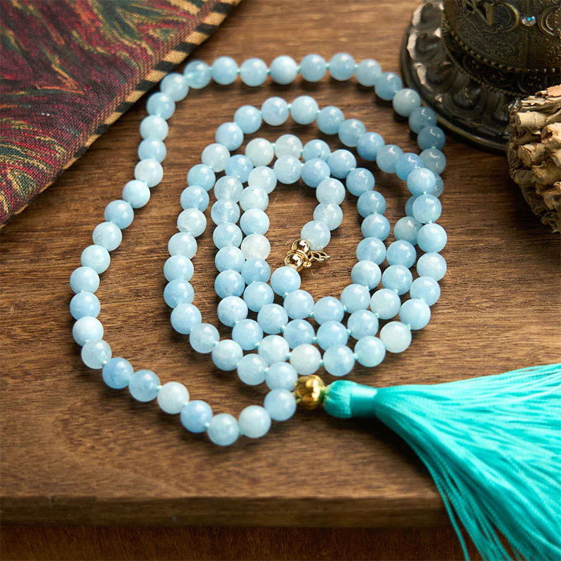 Buddha Stones 108 Mala Koraliki Naturalny Kamień Akwamaryn Tassel Lotus Healing Bransoletka - Image 6