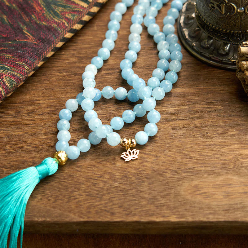 Buddha Stones 108 Mala Koraliki Naturalny Kamień Akwamaryn Tassel Lotus Healing Bransoletka - Image 7