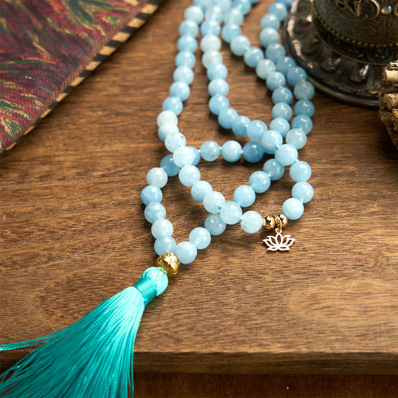 Buddha Stones 108 Mala Koraliki Naturalny Kamień Akwamaryn Tassel Lotus Healing Bransoletka - Image 8