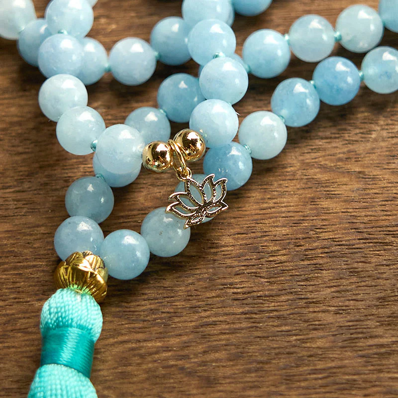 Buddha Stones 108 Mala Koraliki Naturalny Kamień Akwamaryn Tassel Lotus Healing Bransoletka - Image 9