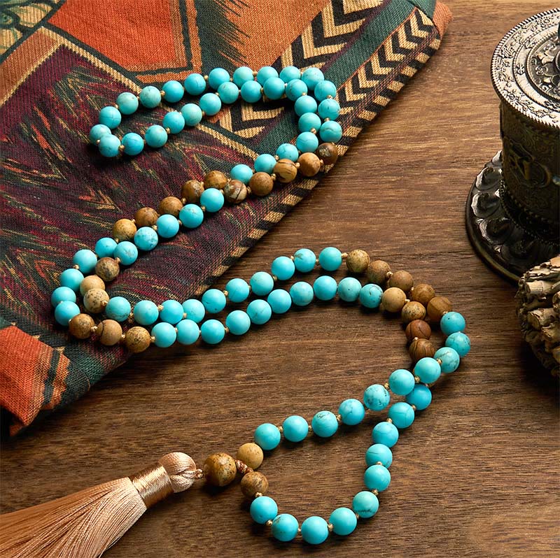 Buddha Stones 108 Mala Koraliki Turkusowy Obrazek Jaspis Koraliki Tassel Balance Bransoletka - Image 2