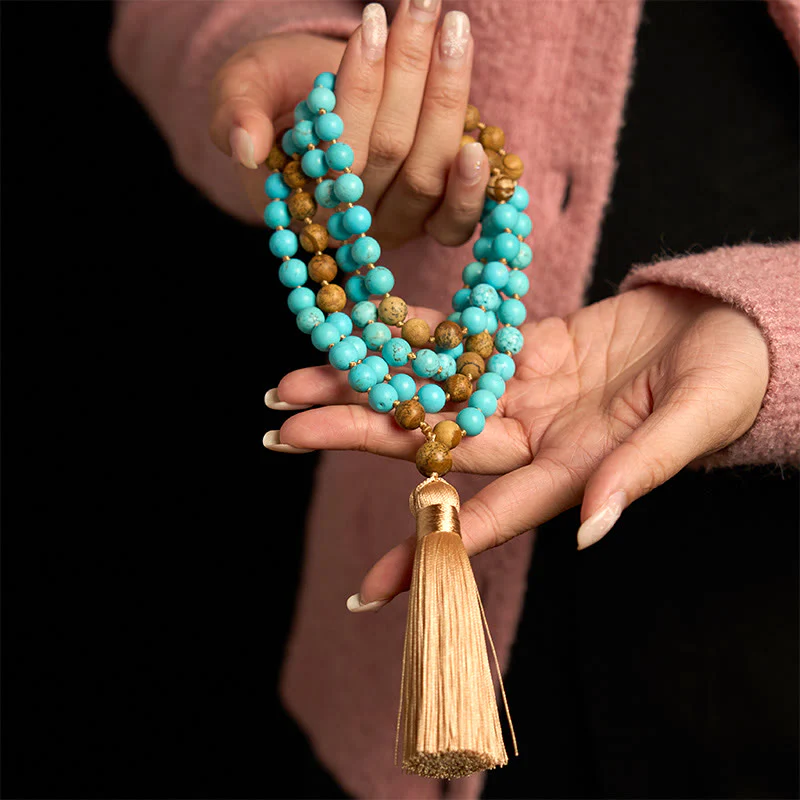 Buddha Stones 108 Mala Koraliki Turkusowy Obrazek Jaspis Koraliki Tassel Balance Bransoletka - Image 3