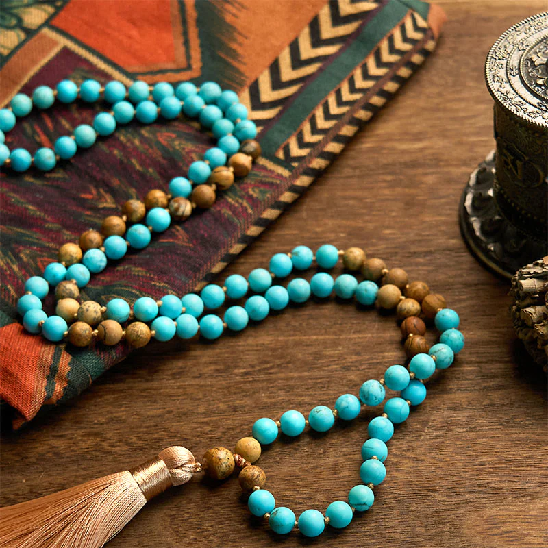 Buddha Stones 108 Mala Koraliki Turkusowy Obrazek Jaspis Koraliki Tassel Balance Bransoletka - Image 5