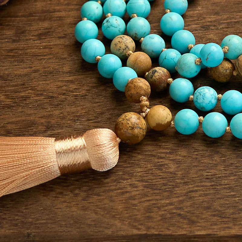 Buddha Stones 108 Mala Koraliki Turkusowy Obrazek Jaspis Koraliki Tassel Balance Bransoletka - Image 7