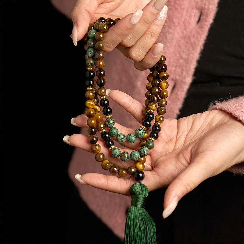 Buddha Stones 108 Mala Naturalny Kamień Tygrysie Oko Turkusowe Koraliki Bransoletka Ochronna Chwostów - Image 3