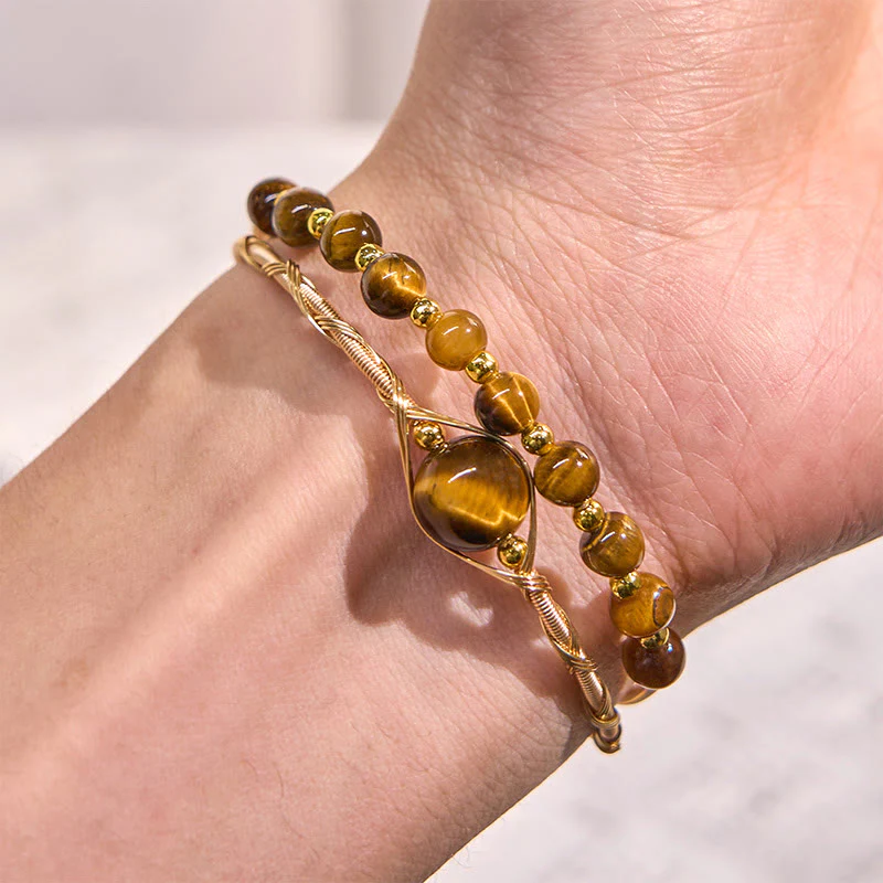 Buddha Stones 14K Złoto Wypełnione Miedzią Naturalne Tygrysie Oko Ochrona Metalowa Bransoletka Mankietowa Bangle - Image 5