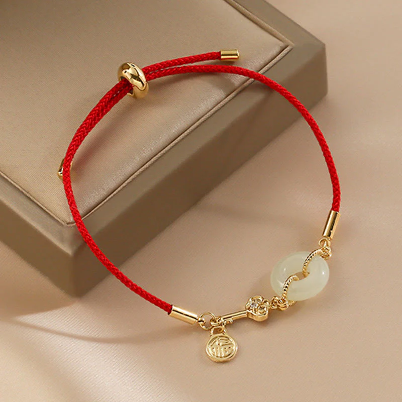 Buddha Stones 18K pozłacane Hetian Jade Peace Buckle Fu Character Luck Red Rope Bracelet - Image 10