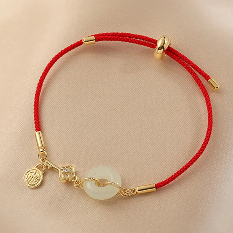 Buddha Stones 18K pozłacane Hetian Jade Peace Buckle Fu Character Luck Red Rope Bracelet - Image 11