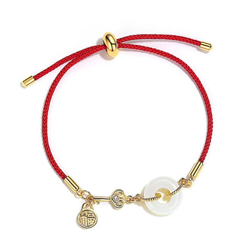 Buddha Stones 18K pozłacane Hetian Jade Peace Buckle Fu Character Luck Red Rope Bracelet - Image 14