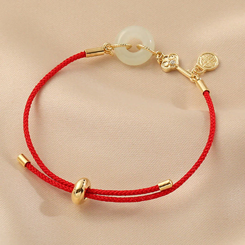 Buddha Stones 18K pozłacane Hetian Jade Peace Buckle Fu Character Luck Red Rope Bracelet - Image 8