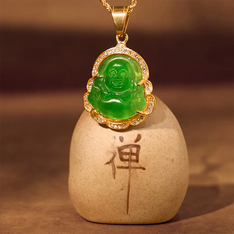 Buddha Stones 18K wypełnione złotem Śmiejący się Budda Jadeitowy naszyjnik szczęścia łańcuszek wisiorek - Image 5