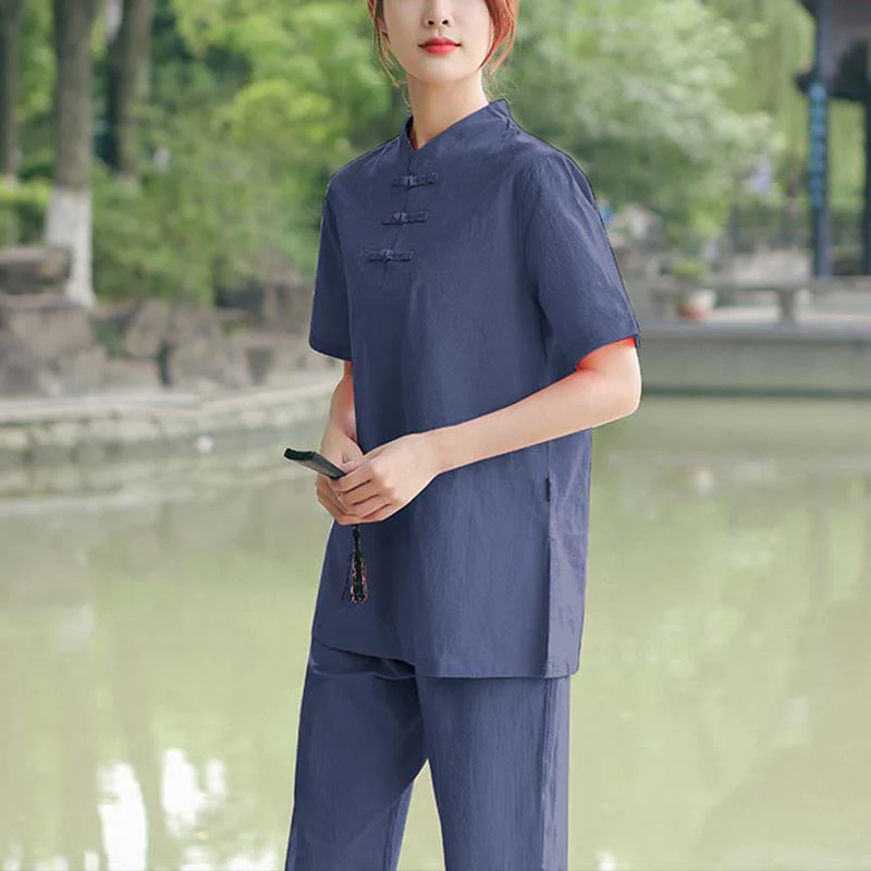 Buddha Stones 2 szt. damska koszulka z krótkim rękawem top T-shirt spodnie medytacja zen tai chi bawełna lniana odzież zestaw - Image 11