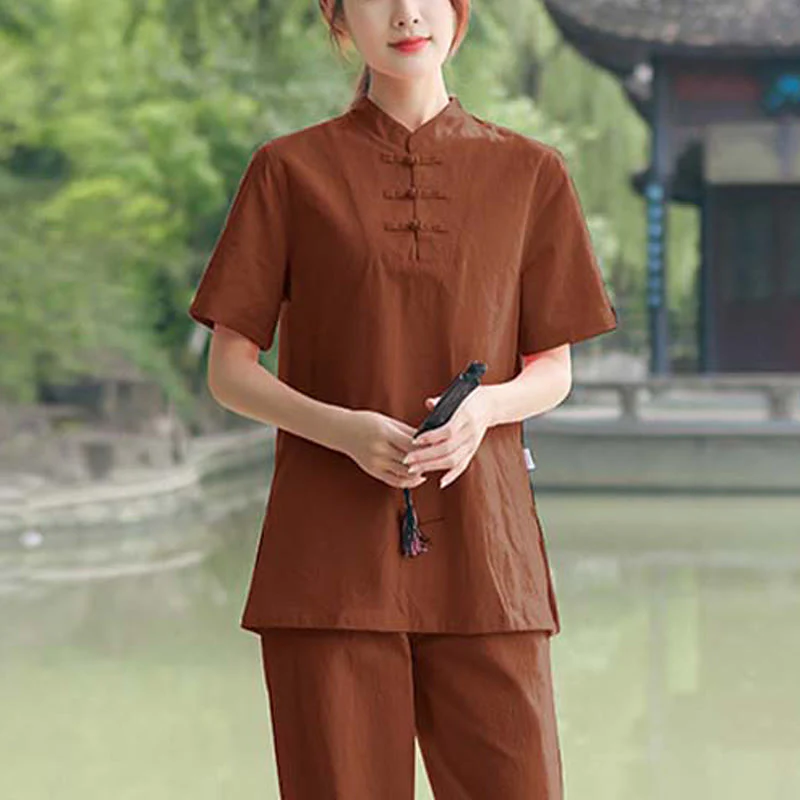 Buddha Stones 2 szt. damska koszulka z krótkim rękawem top T-shirt spodnie medytacja zen tai chi bawełna lniana odzież zestaw - Image 12
