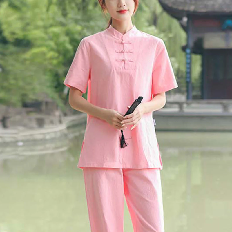 Buddha Stones 2 szt. damska koszulka z krótkim rękawem top T-shirt spodnie medytacja zen tai chi bawełna lniana odzież zestaw - Image 13