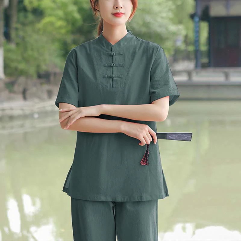 Buddha Stones 2 szt. damska koszulka z krótkim rękawem top T-shirt spodnie medytacja zen tai chi bawełna lniana odzież zestaw - Image 14