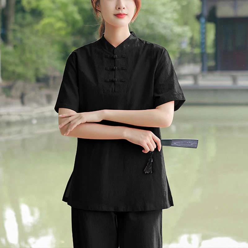 Buddha Stones 2 szt. damska koszulka z krótkim rękawem top T-shirt spodnie medytacja zen tai chi bawełna lniana odzież zestaw - Image 15