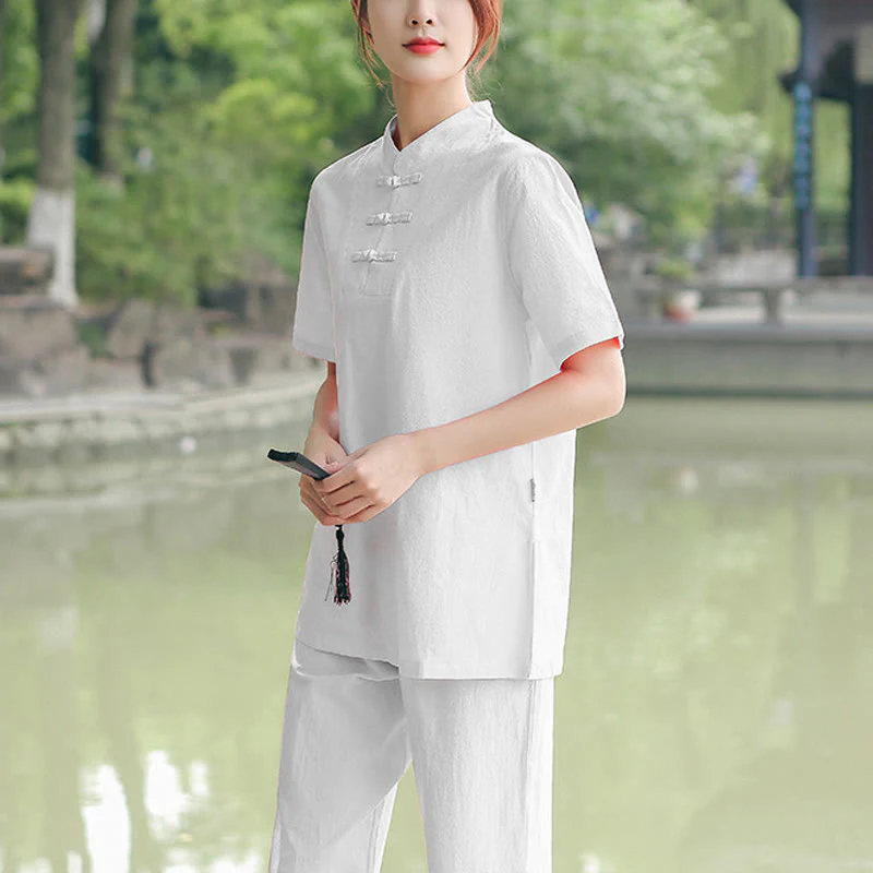 Buddha Stones 2 szt. damska koszulka z krótkim rękawem top T-shirt spodnie medytacja zen tai chi bawełna lniana odzież zestaw - Image 16
