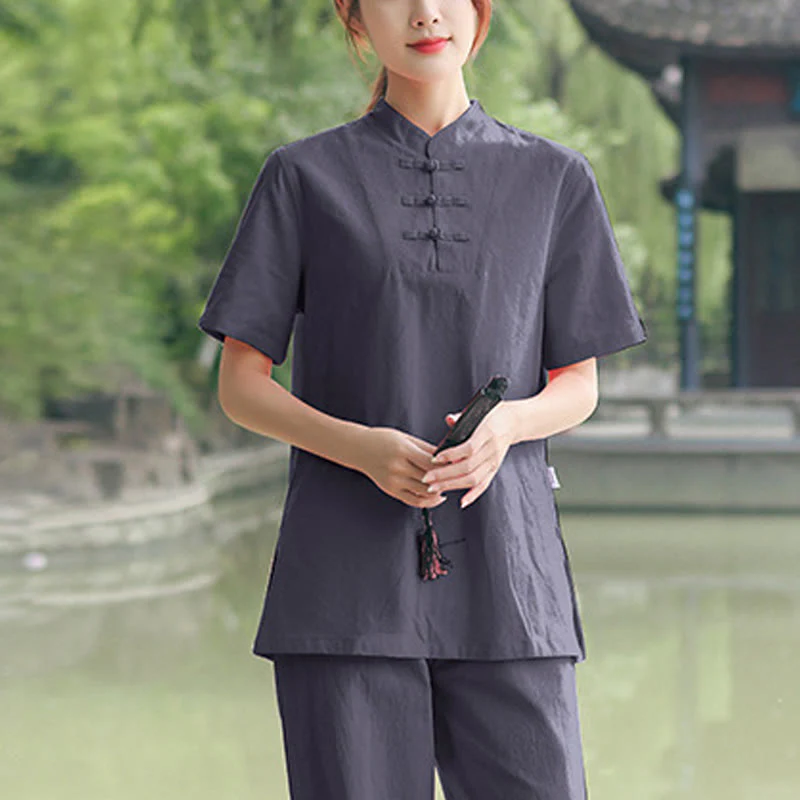 Buddha Stones 2 szt. damska koszulka z krótkim rękawem top T-shirt spodnie medytacja zen tai chi bawełna lniana odzież zestaw - Image 6