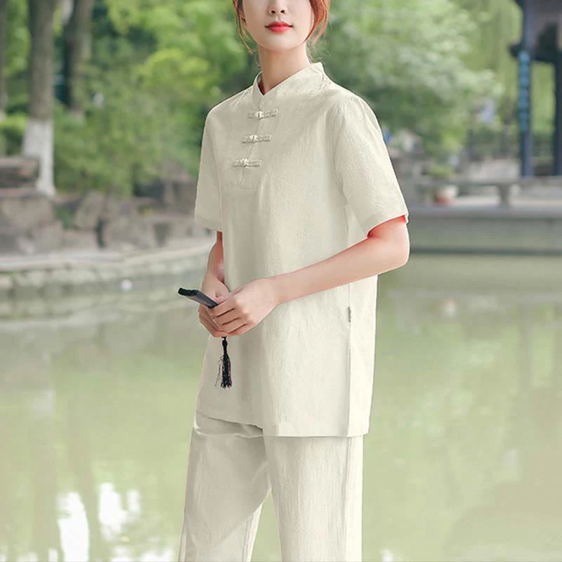 Buddha Stones 2 szt. damska koszulka z krótkim rękawem top T-shirt spodnie medytacja zen tai chi bawełna lniana odzież zestaw - Image 7