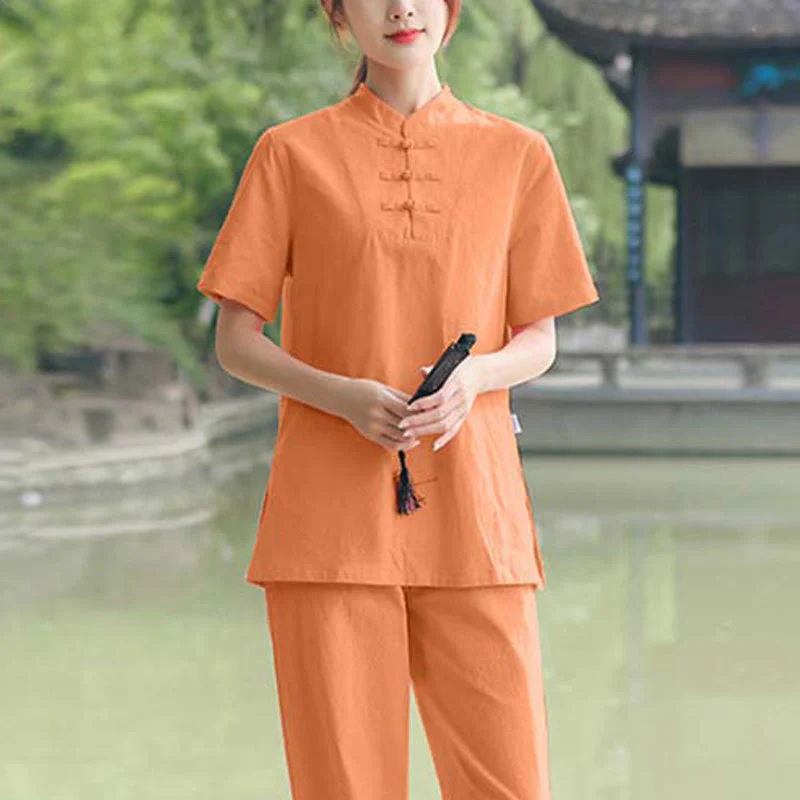 Buddha Stones 2 szt. damska koszulka z krótkim rękawem top T-shirt spodnie medytacja zen tai chi bawełna lniana odzież zestaw - Image 8