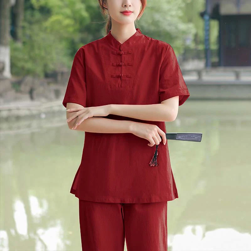 Buddha Stones 2 szt. damska koszulka z krótkim rękawem top T-shirt spodnie medytacja zen tai chi bawełna lniana odzież zestaw - Image 9